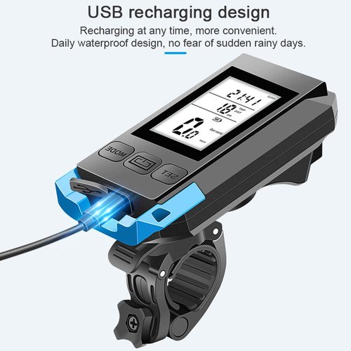 SIUKE USB Rechargeable Waterproof Bike Speedometer Multifunctional Bike Cycling Speedmeter Wireless Bicycle Speed Meter with Light and Horn USB Rechargeable Waterproof Bike Speedometer Full Screen