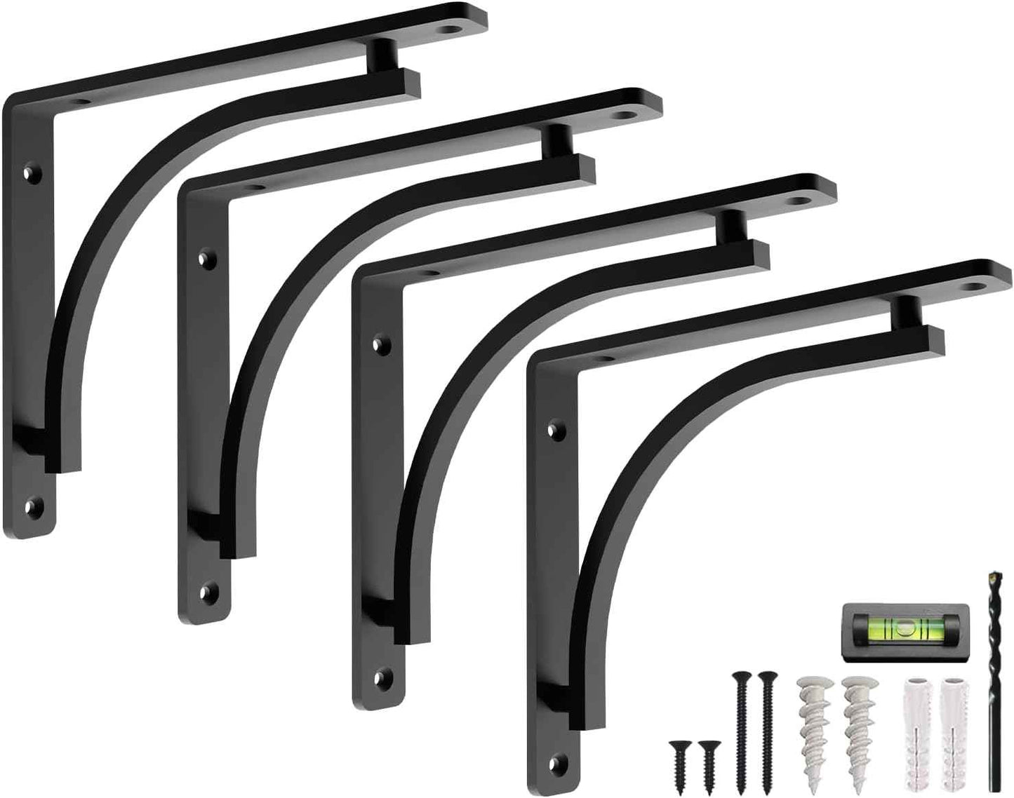 Heavy Duty 8-Inch Black Shelf Brackets - Wall Mounted L Bracket Set of 4 with Hardware