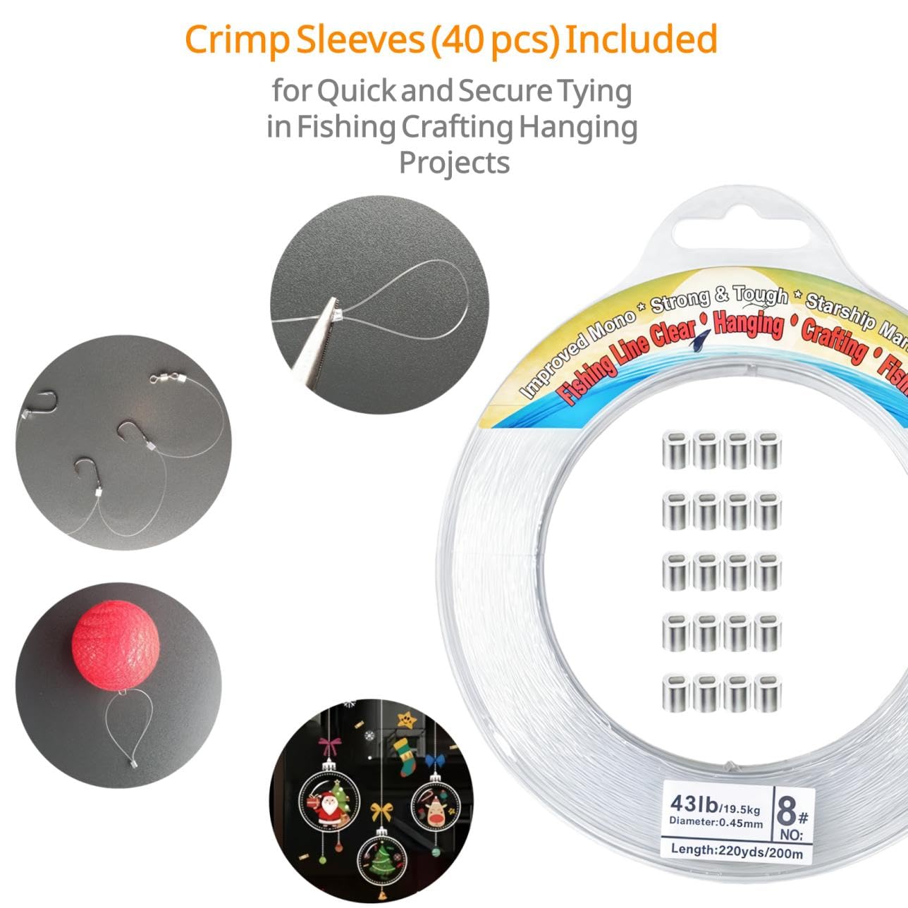 Aboda Clear Fishing Line 0.2-1 mm, Strong Invisible Nylon Fishing Wire 8-100 lb Test Includes Crimp Sleeves, Clear String for Hanging Decorations Balloons Garlands Beading Crafts & Jewelry