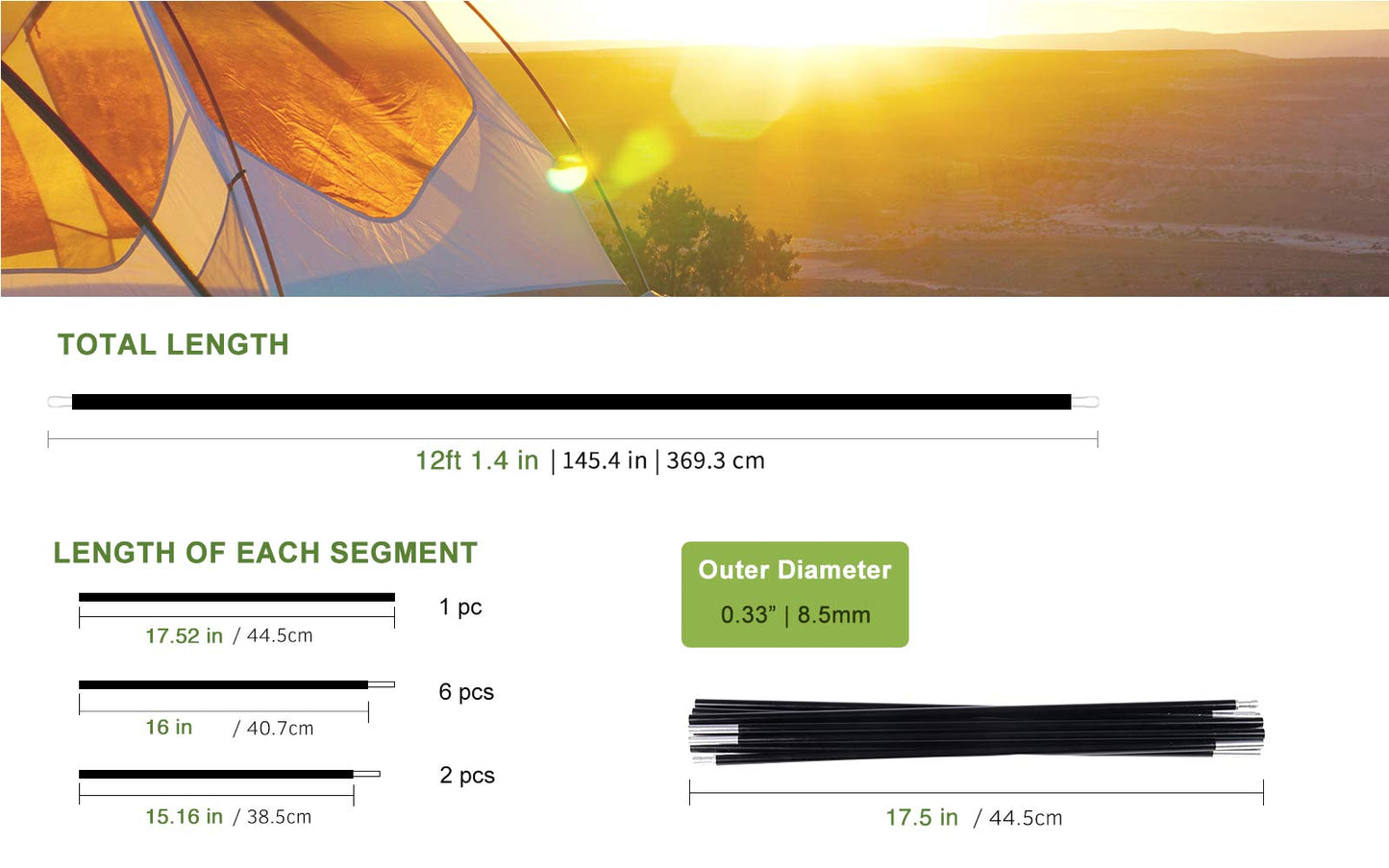 BRILLIANCE4U Pre-Assembled Aluminum Tent Pole 12ft 1.4in 8.5mm, Lightweight Tent Poles Replacement, 7001 T6 Heated Aluminum Alloy, Outer Dia. 0.33" 2 Poles Pack