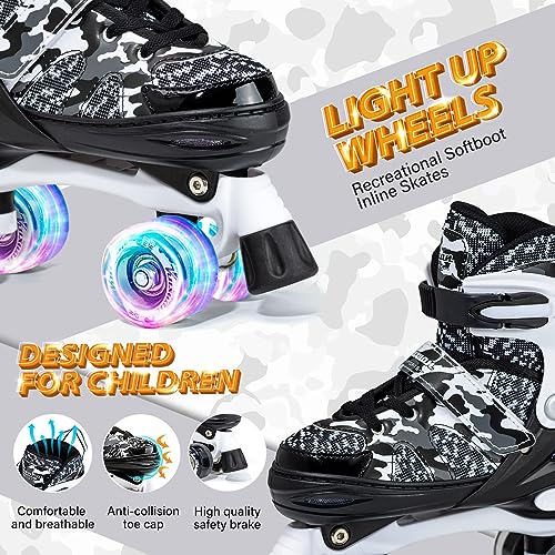 Kuxuan Adjustable Kids Roller Skates - Camo Black, Large (Youth 4-7 US) with Illuminating Wheels