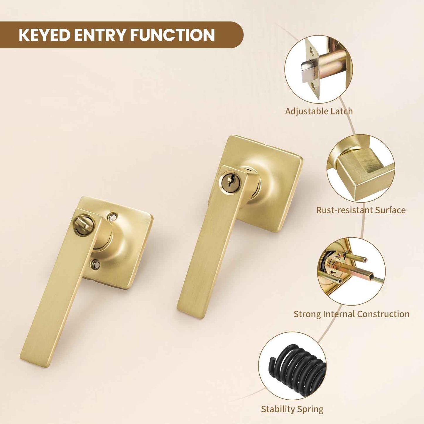 5 Pack Door Knobs Interior, Bedroom Locking Door Knob, Satin Brass Entry Door Handles, Gold Door Lever Same Key, Reversible for Left Right Sided Doors