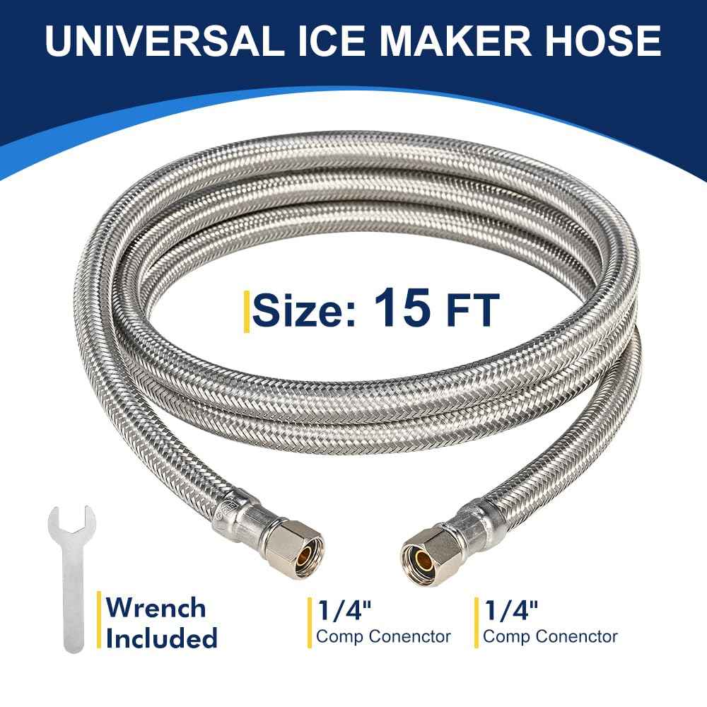 15FT Stainless Steel Braided Ice Maker Supply Line – 1/4″ Compression x 1/4″ Compression Fittings, Lead‑Free, Burst‑Proof, Universal Fit, NSF/UPC Certified, 10‑Year Warranty