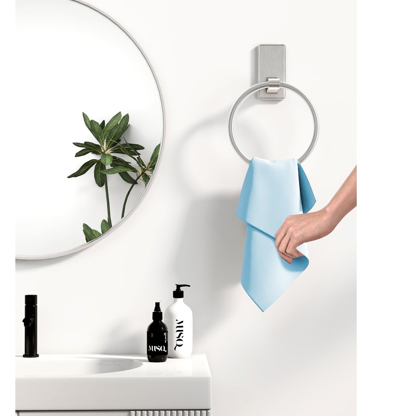 Towel Ring, SUS304 Hand Towel Holder for Bathroom，Adhesive Towel Holder Bathroom Towel Hanger for Bathroom, Kitchen, Brushed Nickel