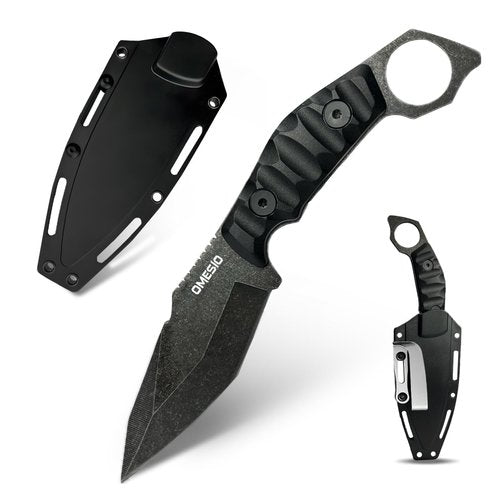 Omesio Fixed Blade Knife with Sheath, 4.13" 420 Stainless Steel Tactical Survival EDC Full Tang Knife for Hunting Hiking Men, ABS Anti-Slip Handle, Ideal for Gifting, Full Black
