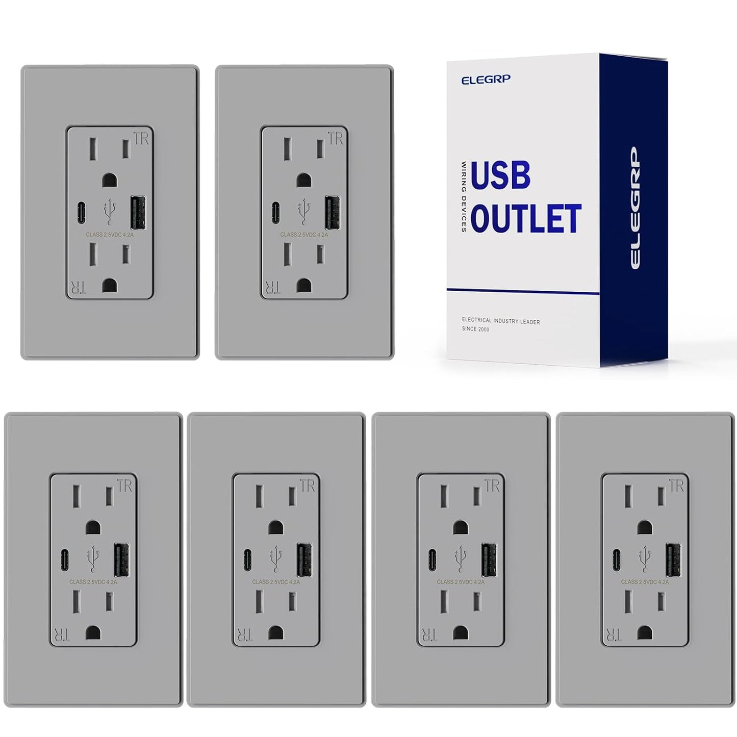 USB Wall Charger Outlet with A & C Ports - 15A Tamper Resistant, UL Listed, 6 Pack, Light Almond