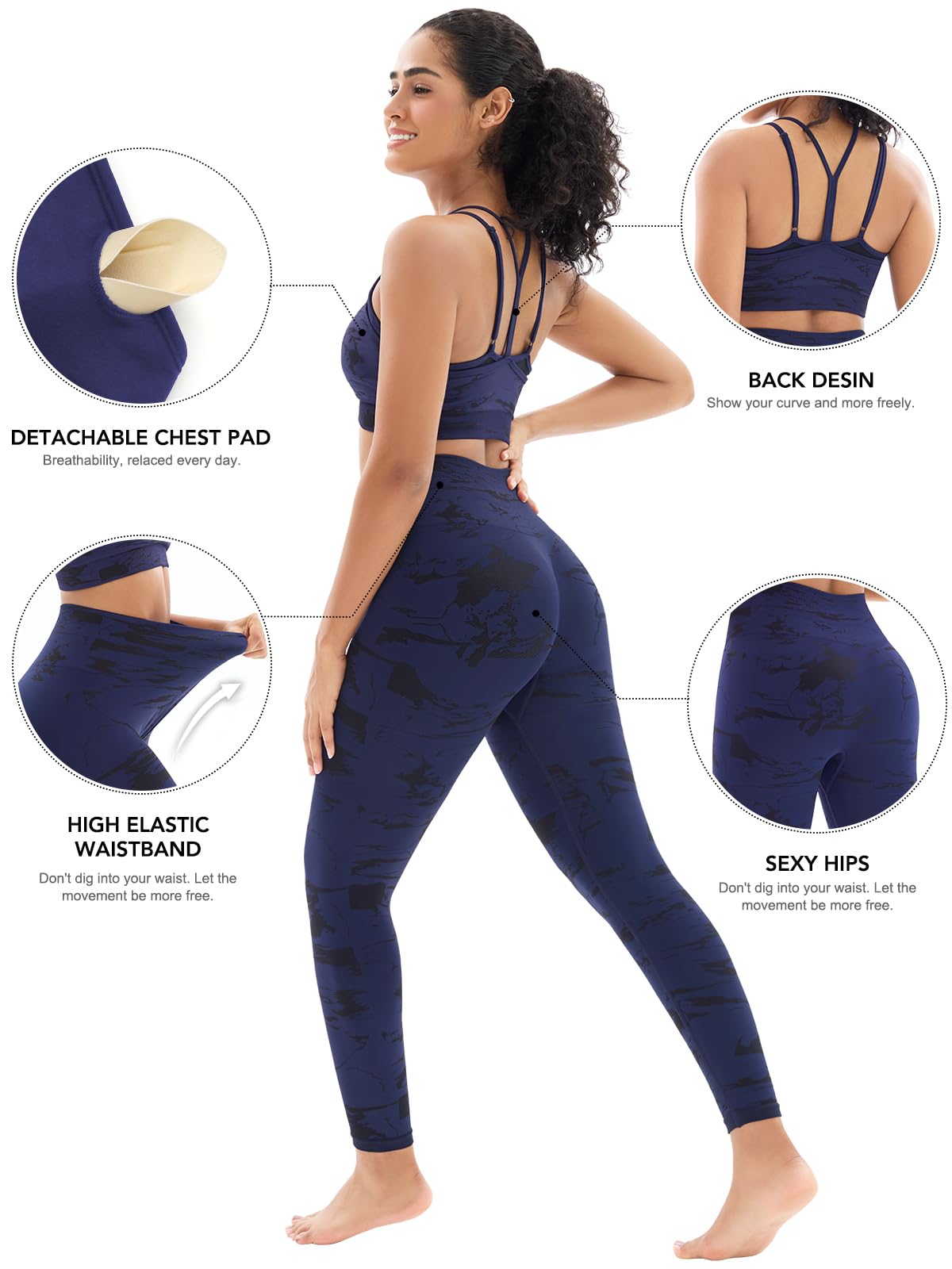 Workout Sets for Women 2 Piece High Waisted Gym Sets with Adjustable Athletic Yoga Sports Bra High Impact (SP8090M-Navy)