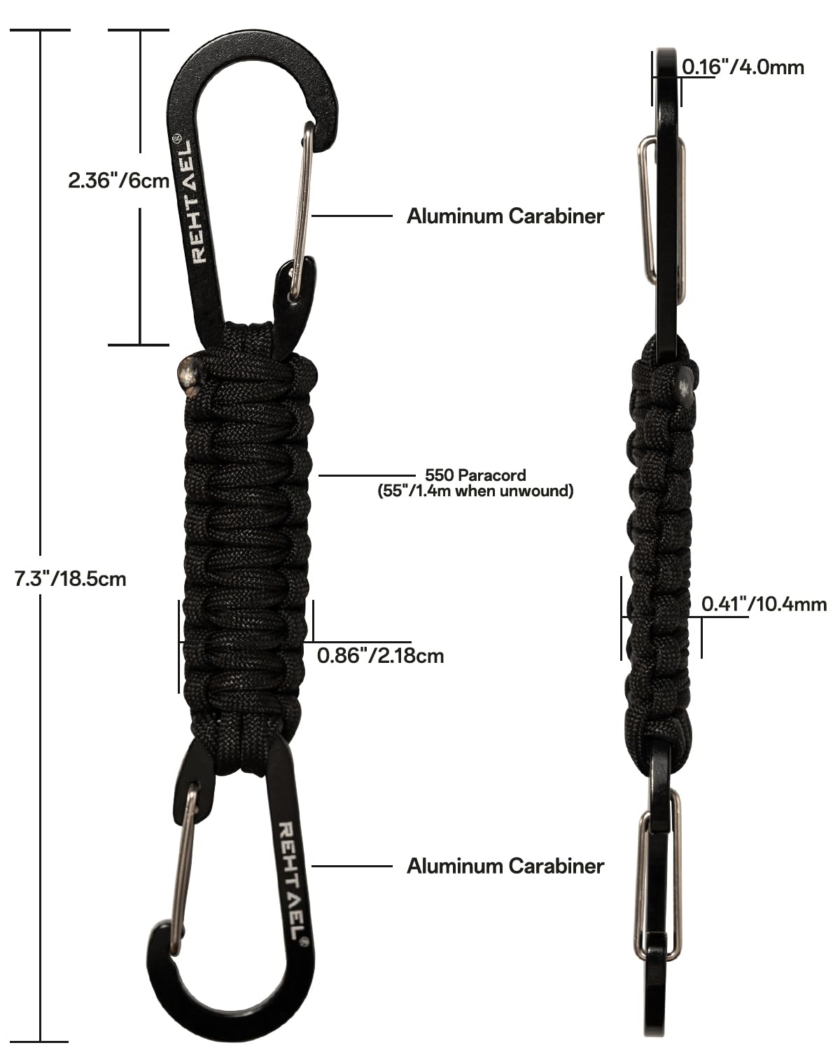 REHTAEL Heavy Duty Paracord Keychain with 2 Carabiner Clip for Keys, Military Lanyard Key Chain, Stroller Clip Hooks for Water Bottle Backpack Men Women, Camping Hiking (2Pcs, 2 X Black)