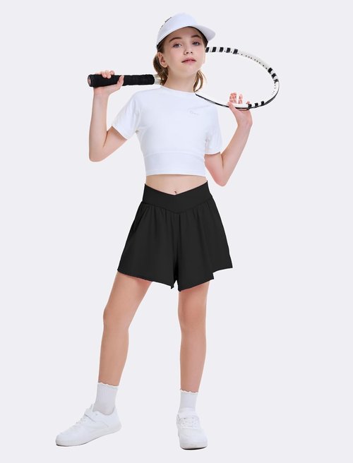FireSwan Girls Butterfly Shorts - 2 in 1 Crossover Athletic Skorts with Pockets for Teens & Youth
