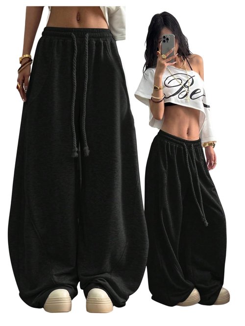 GORGLITTER Women's Y2K Baggy Sweatpants Wide Leg Barrel Pants Elastic Waist Oversized Drawstring Sweats Black X-Large