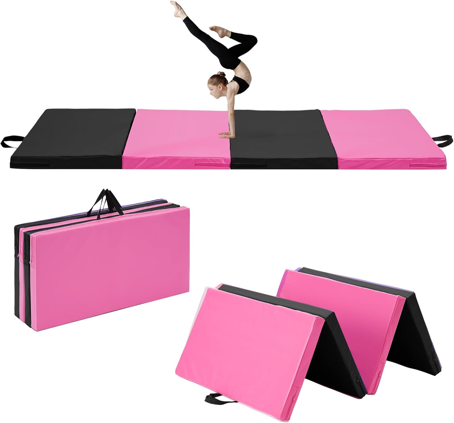Skiennix Gymnastics Mat - Portable 4-Fold Tumbling Mat with PU Leather & Carry Handle - 6'x3'x2'' for Home Workout, Yoga, MMA, Pilates