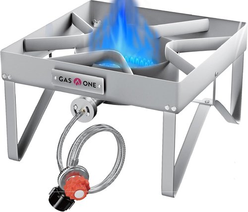GasOne Stainless Steel Outdoor Propane Burner – High Pressure Camp Stove with Adjustable Regulator & Steel-Braided Hose
