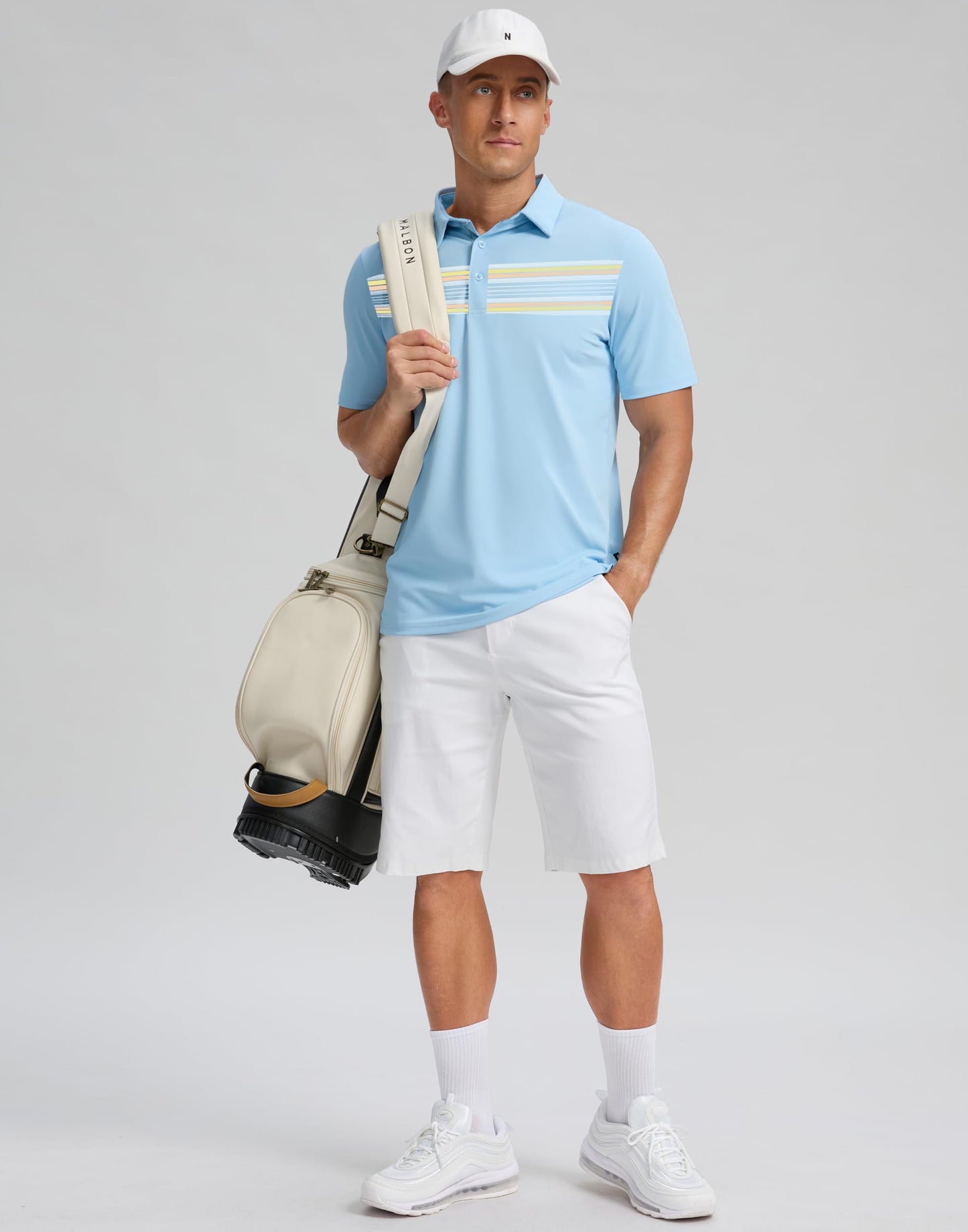 G Gradual Men's Golf Shirts Quick Dry Moisture Wicking Performance Short Sleeve Collared Polo Shirts for Casual Athletic Business (Light Blue Stripes, S)