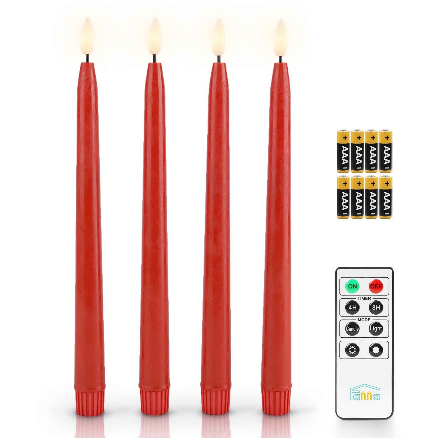 Fanna Flameless Taper Candles with Timer, Battery Operated Led Candle Sticks Real Wax Finished, Remote and Batteries Included - H 11" Set of 4 (Red)