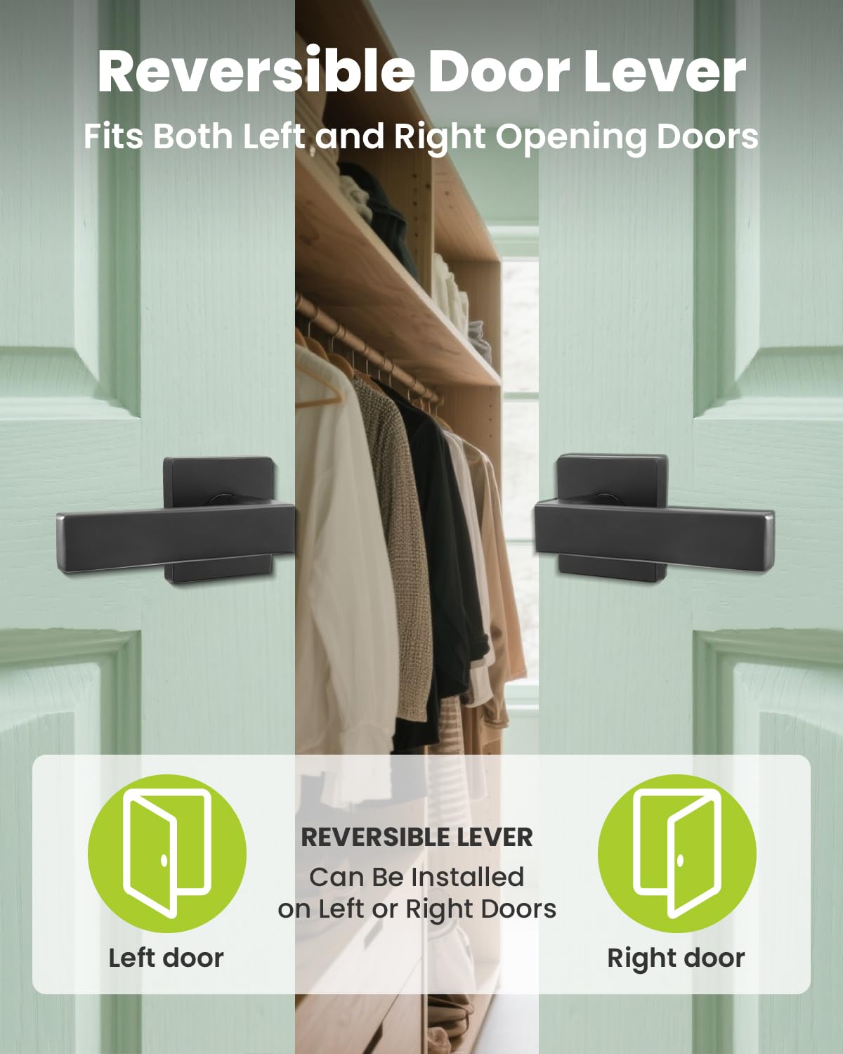 MENDOCK Passage Door Lever Dummy GreenShield Exterior Interior Door Handle for Hallway Closet Heavy Duty Non-Locking Lever Sets No Key Door Knob for Right Left Handed Door (1 Pack, Matte Black)