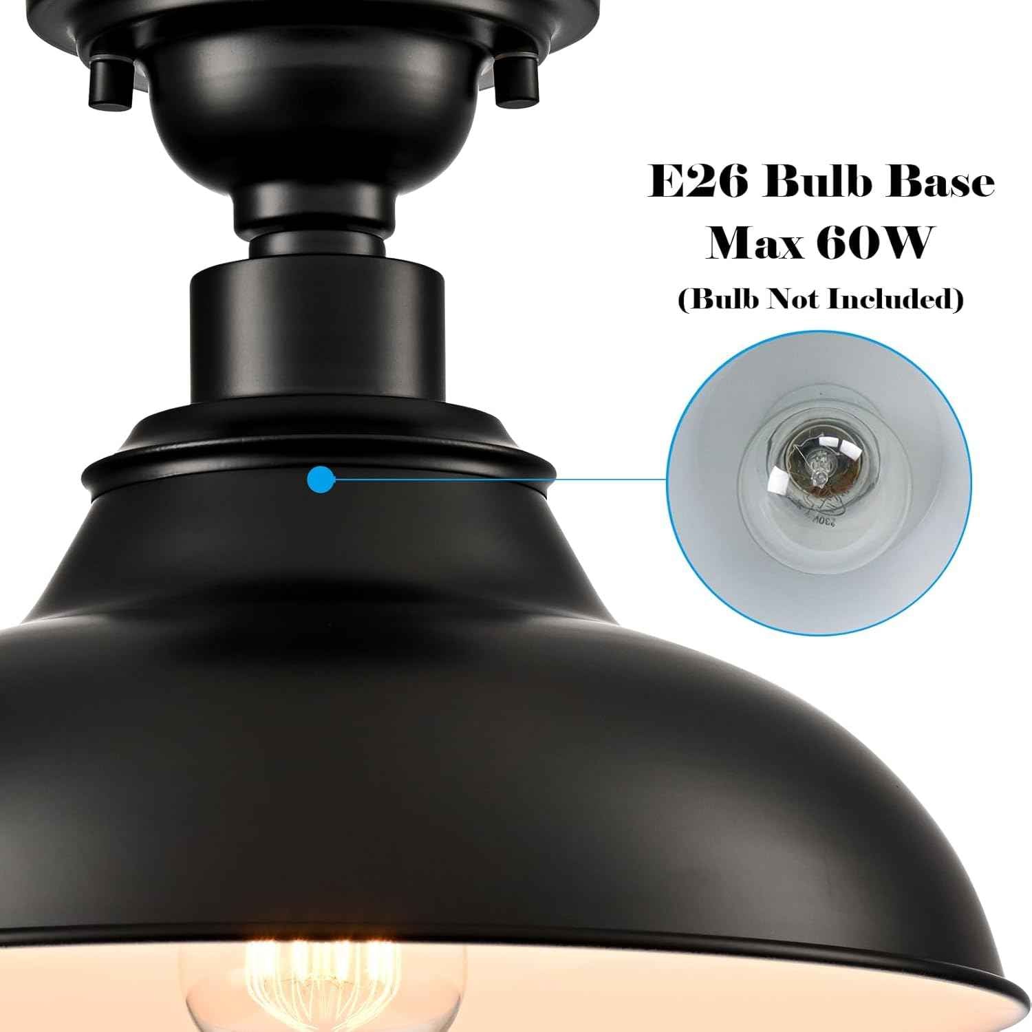 12-Inch Farmhouse Semi Flush Mount Ceiling Light - Black Industrial Barn Fixture for Bedroom, Kitchen, Foyer