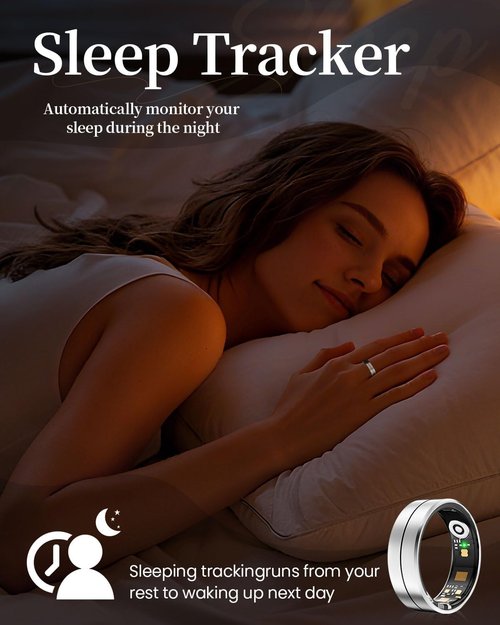 Fvtga Smart Health Ring - Fitness Tracker with Heart Rate, Blood Oxygen & Sleep Monitoring | IP68 Waterproof, Silver, Size 8