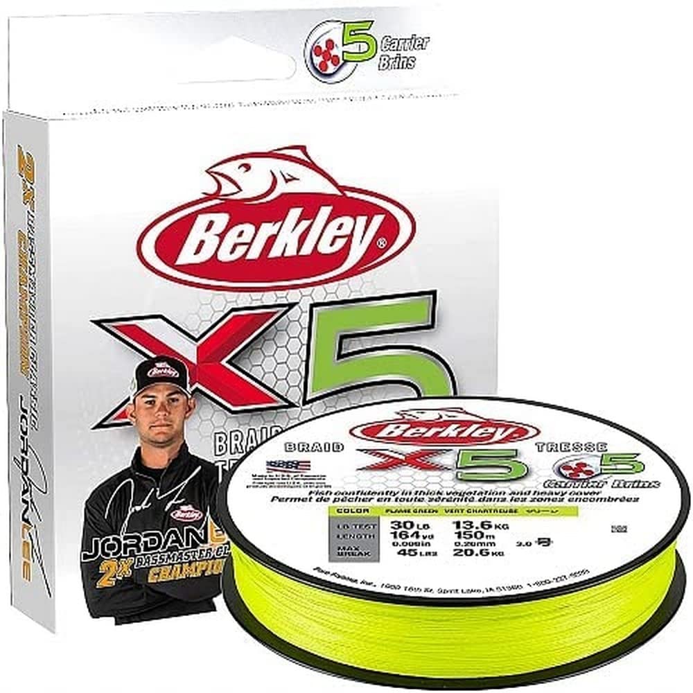Berkley Jordan Lee x5 Braid Superline, Flame Green, 8-Pound Break Strength, 328yd Fishing Line, Suitable for Freshwater Environments