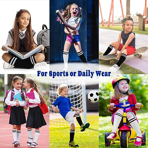 Kids Soccer Socks - 2 Pairs Knee High Striped Tube Socks - 6-12 Years - White Black & Black White