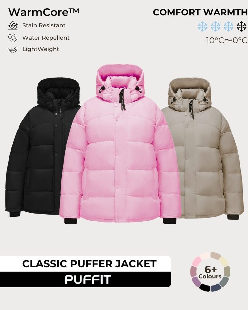 PUFFIT Women Mid Lenth Puffer Jacket, Warm Thicken Hooded Winter Coats, Windproof Long Sleeve & Hood,3 Pockets