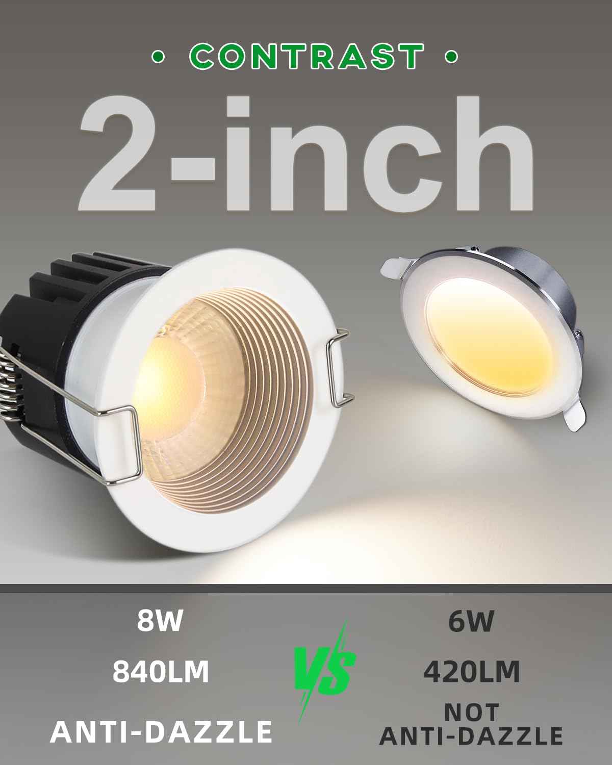zouzai 6 Pack 2 Inch 5CCT LED anit- Glare Down Light with Junction Box, 2700K/3000K/3500K/4000K/5000K Selectable, LED spot, Dimmable - ETL and Energy Star Certified (White, 2 inch 【6 Pack】)