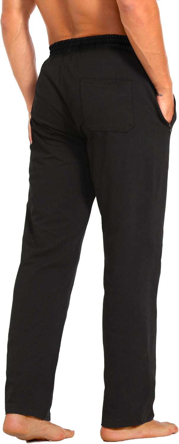 Skiennix Men's Cotton Yoga Pants - Casual Jersey Design with Zipper Pockets | Open Bottom Straight Leg