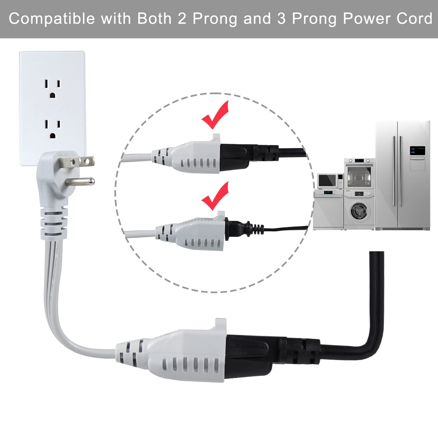 KUNCAN Appliance Power Extension Cord - 3 Prong Flat Wire SPT-3 14 AWG Heavy Duty Male to Female Extender Low Profile Grounded Cable for Major AC Unit, Air Conditioner, Refrigerator (1 Feet)