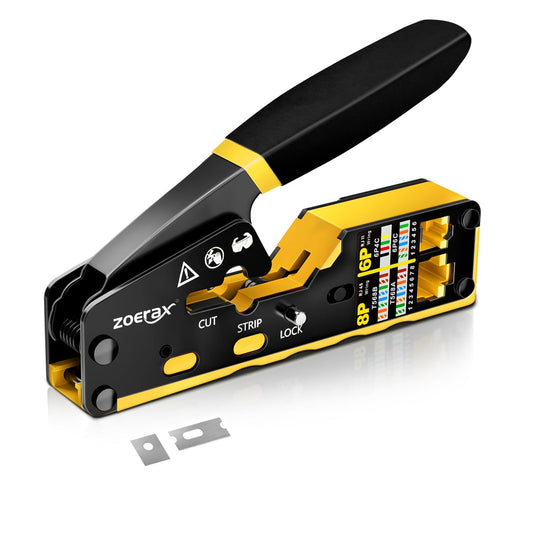 ZOERAX RJ45 Crimping Tool Ethernet Crimp Tool Crimper for RJ11/RJ12 Standard, RJ45 Pass Through Connectors, Yellow