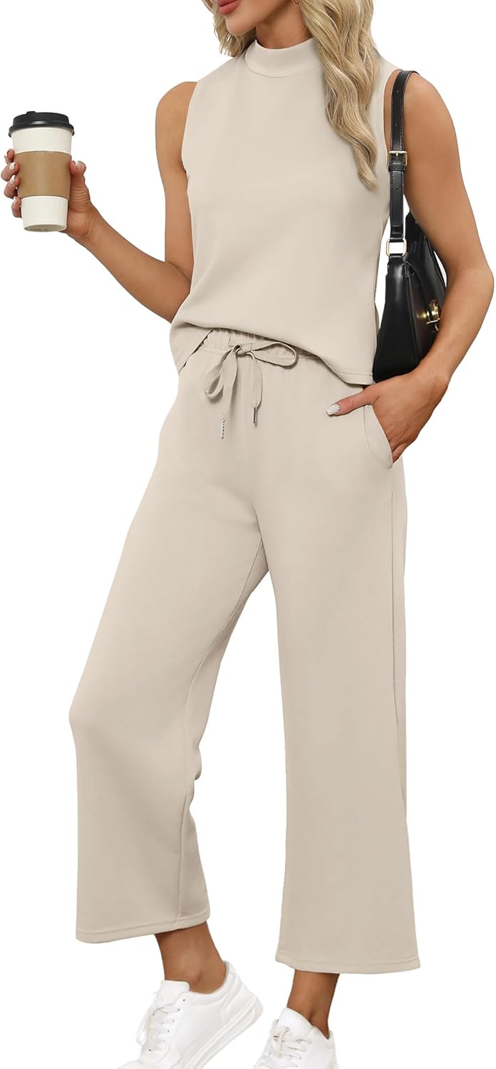 SAMPEEL Summer Two-Piece Sets for Women - Stylish Mock Neck Tops & Wide Leg Crop Pants