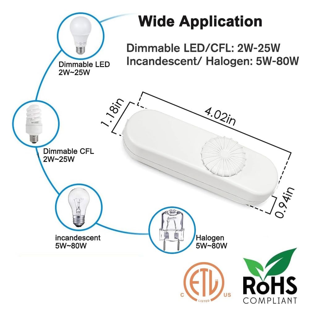 Inline Dimmer Switch, Knob Lamp Dimmer, Cord Lights Switch Replacement for Floor Lamp, Table Lamp, Pendant Light, Works for Incandescent, Halogen Bulbs, Dimmable LED (White)