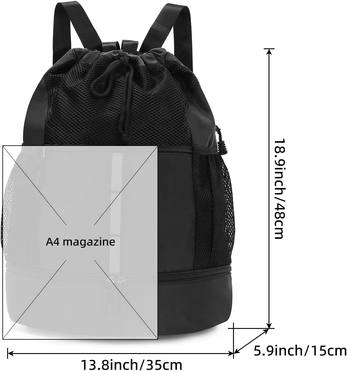 Valleycomfy Drawstring Gym Bag - Sports Backpack with Shoe Compartment & Reflective Strips | Black
