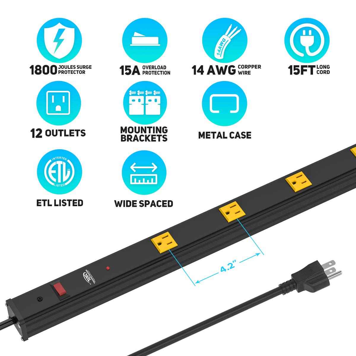 CRST Heavy Duty Metal Wide Spaced Power Strip Surge Protector with 15A Circuit Breaker 15FT Extral Long Cord 1800-Joule (12 Outlet)