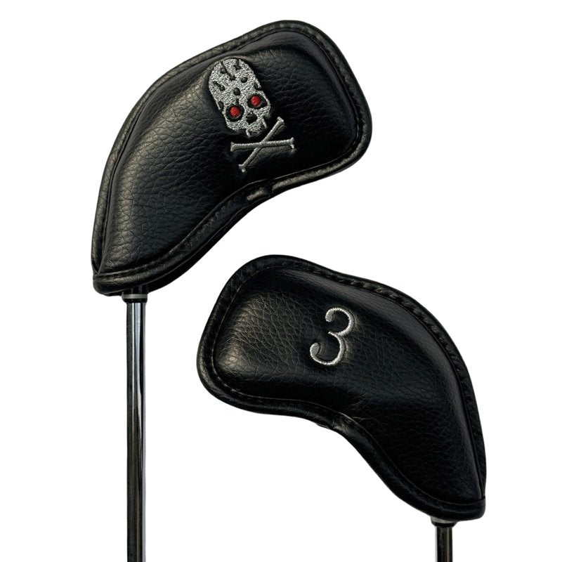 Premium PU Leather Golf Headcovers Set - 10pcs Skull Skeleton Iron Headcovers #3-9, PW, SW, AW - Black Club Protective Case