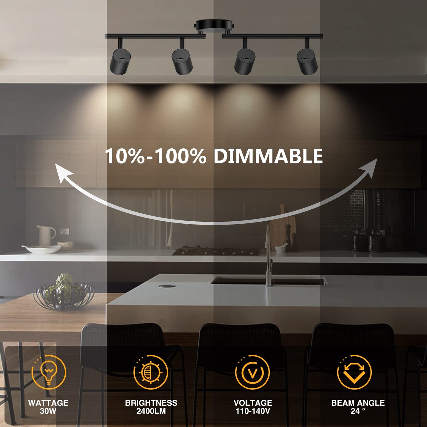 VANoopee 5-Color 4 Light Black LED Track Lighting Fixtures Ceiling for Kitchen, Dimmable Track Lighting Kit, Ceiling Spotlight Flush Mount Adjustable Directional Spot Lights Indoor, CRI90 2400lm 30W