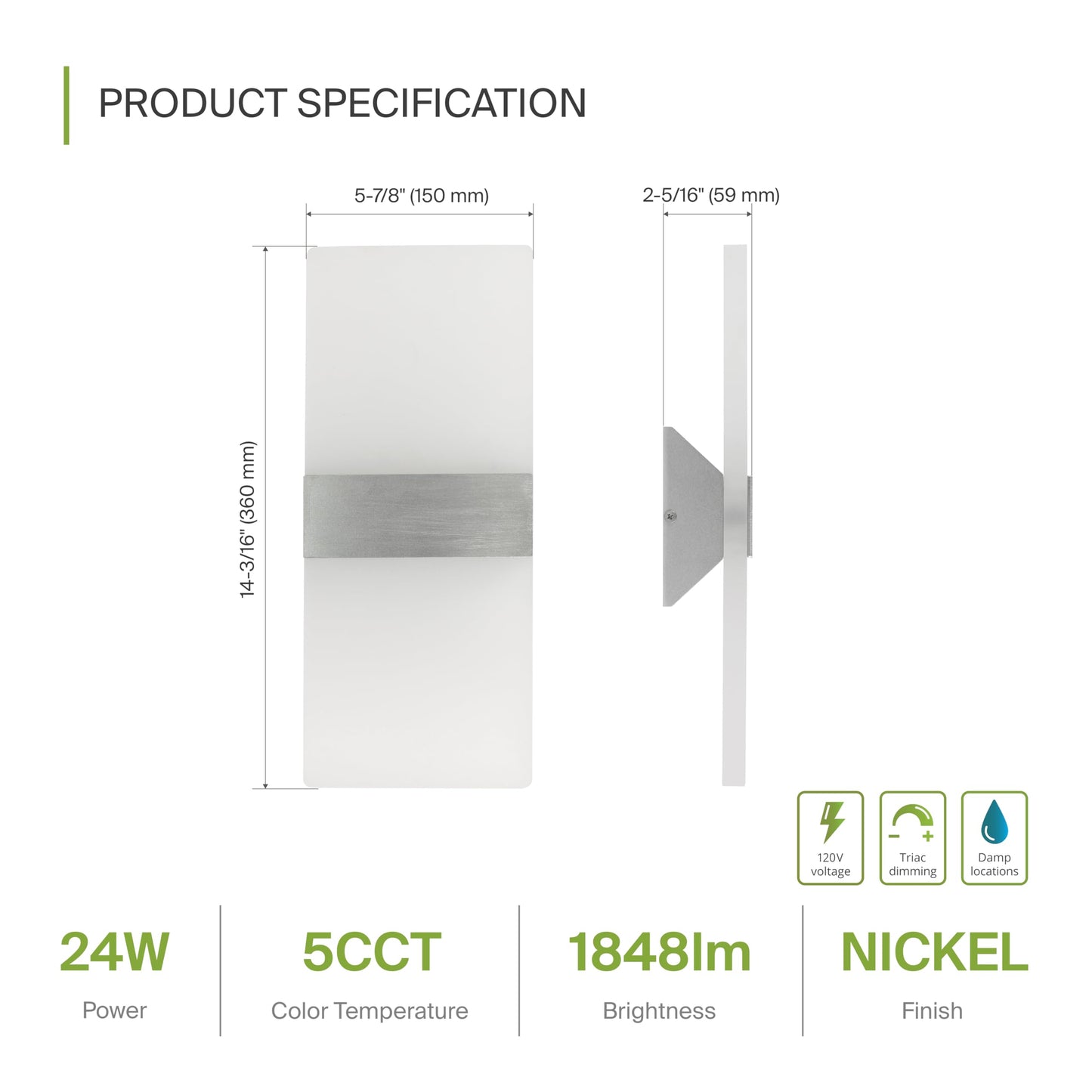 ASD 14 Inch LED Indoor Wall Sconce - Modern Interior 24W 120V 2700K-5000K Adjustable Dimmable Wall Mounted Light Fixtures, Acrylic Glass Wall Lights for Stairway, Hallway - ETL, Brushed Nickel 2 Pack