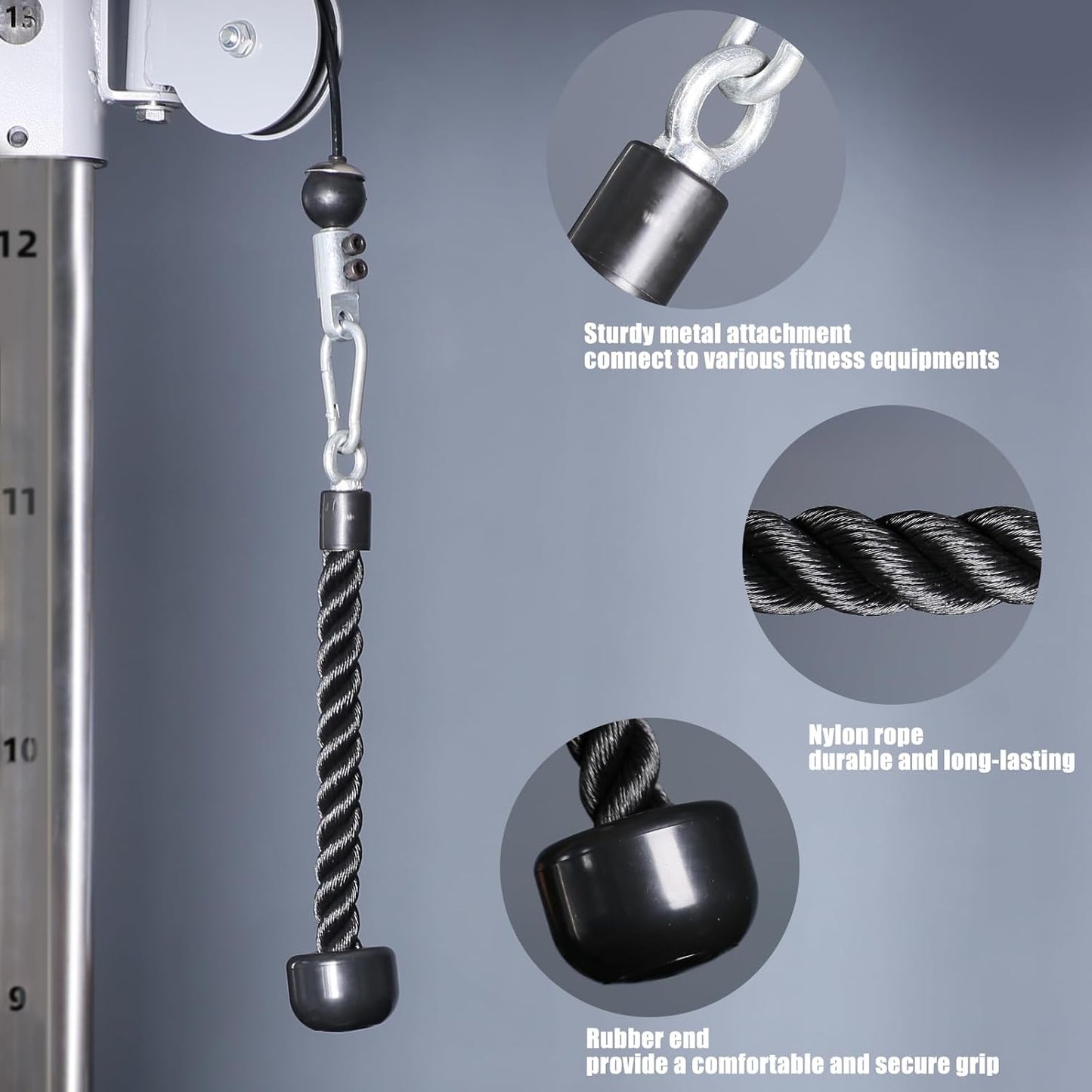 Tricep Rope - Heavy Duty Coated Nylon Fitness Attachment | 27 & 36 Inches, Solid Rubber Ends