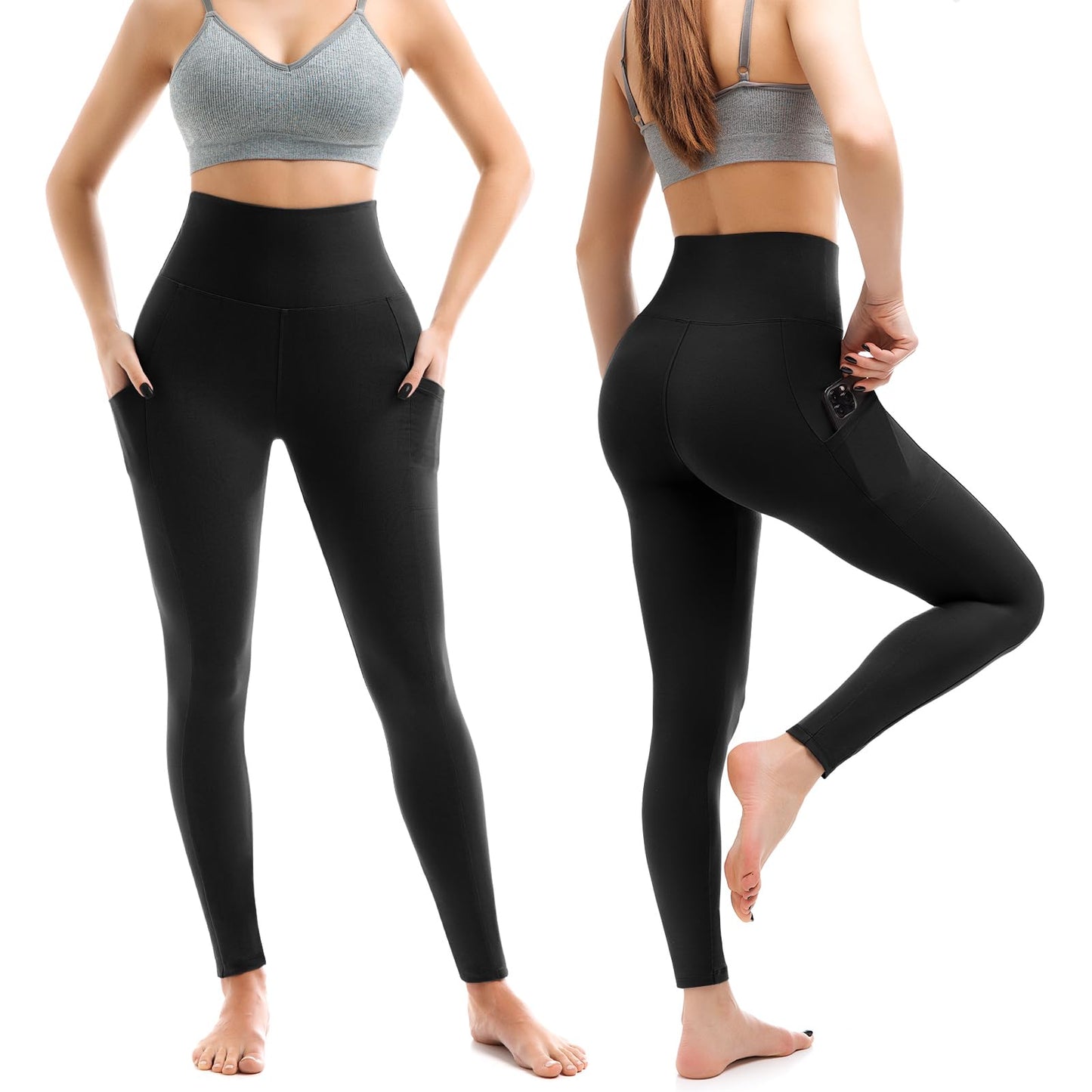 Leafigure 2 Packs Leggings with Pockets for Women, High Waisted Tummy Control Workout Leggings for Gym Black/Royal Blue LXL