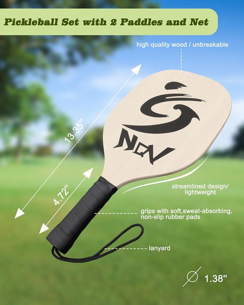 NQV Pickleball Set with Net - 10FT Half Court Size Net+2 Wood Paddles+4 Balls+1 Bag, Pickleball Kit Portable Outdoor Driveway Indoor for Adults Kids Family Beginners