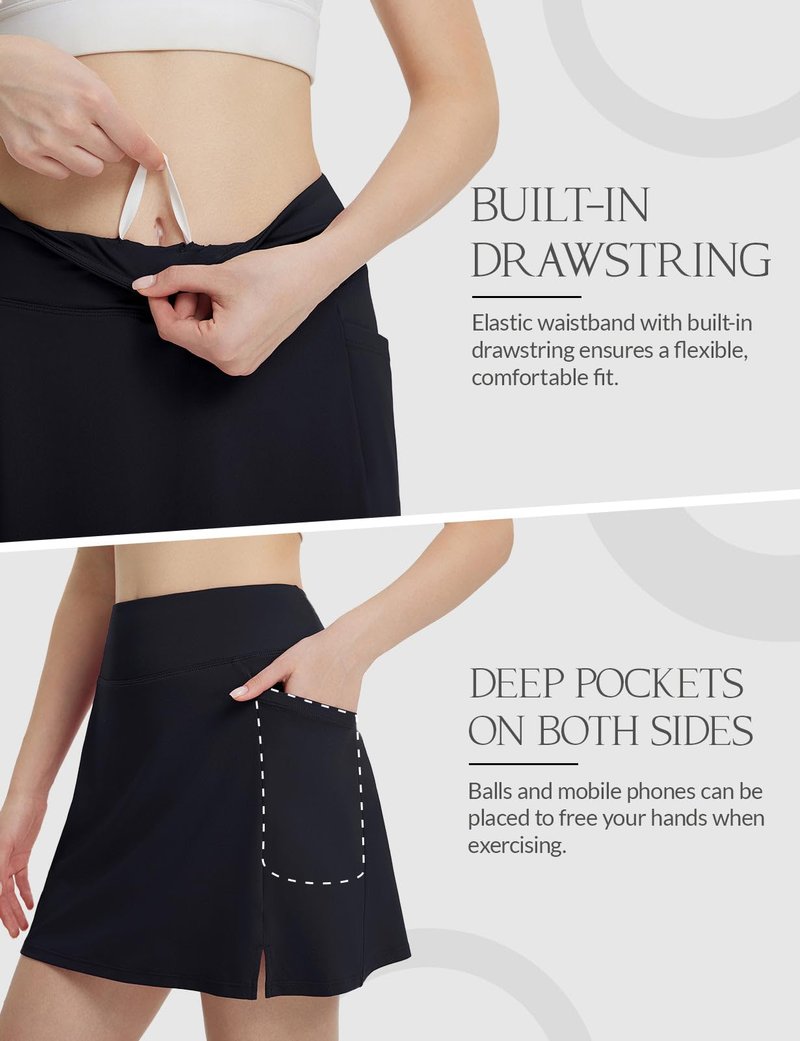 baleaf Women's Golf Skorts Skirts High Waisted Stretchy Tennis Skirt with Short 5 Pockets Athletic Casual Pickleball Black L