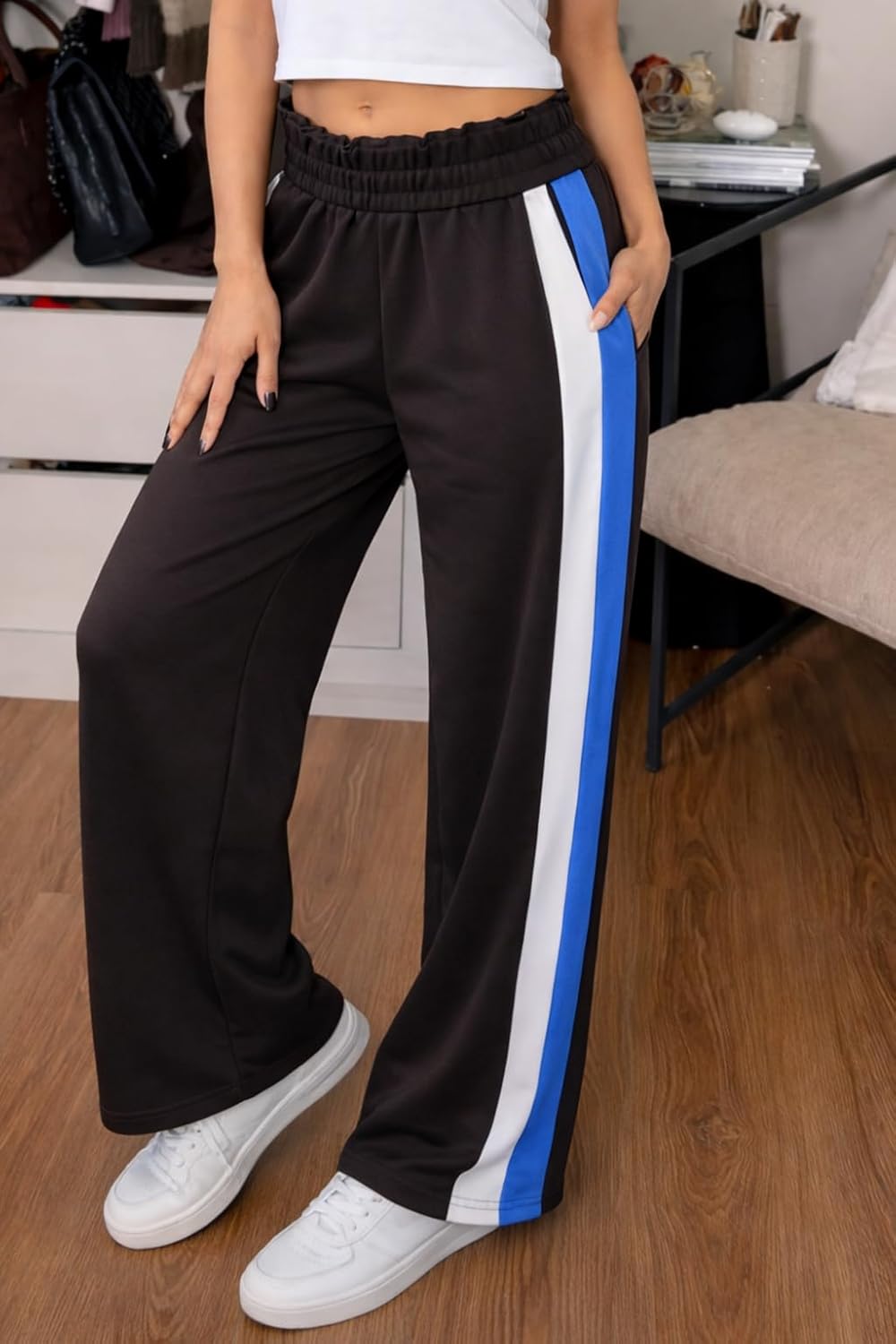 Skiennix Women's Wide Leg Sweatpants - High Waisted Baggy Fit with Pockets | Cotton Side Striped Design