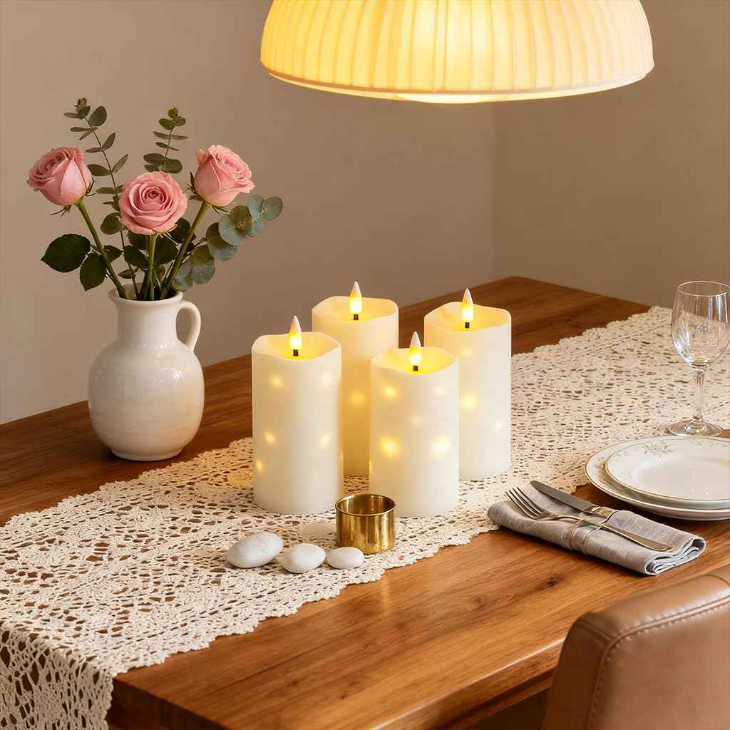 Lezonic Flameless Waterproof Outdoor Candles with Flickering Dancing Flame, 4Pcs Battery Operated Candles with Remote, Ivory LED Pillar Built-in String Lights for Patio Wedding Decor, 3.25" x 6"