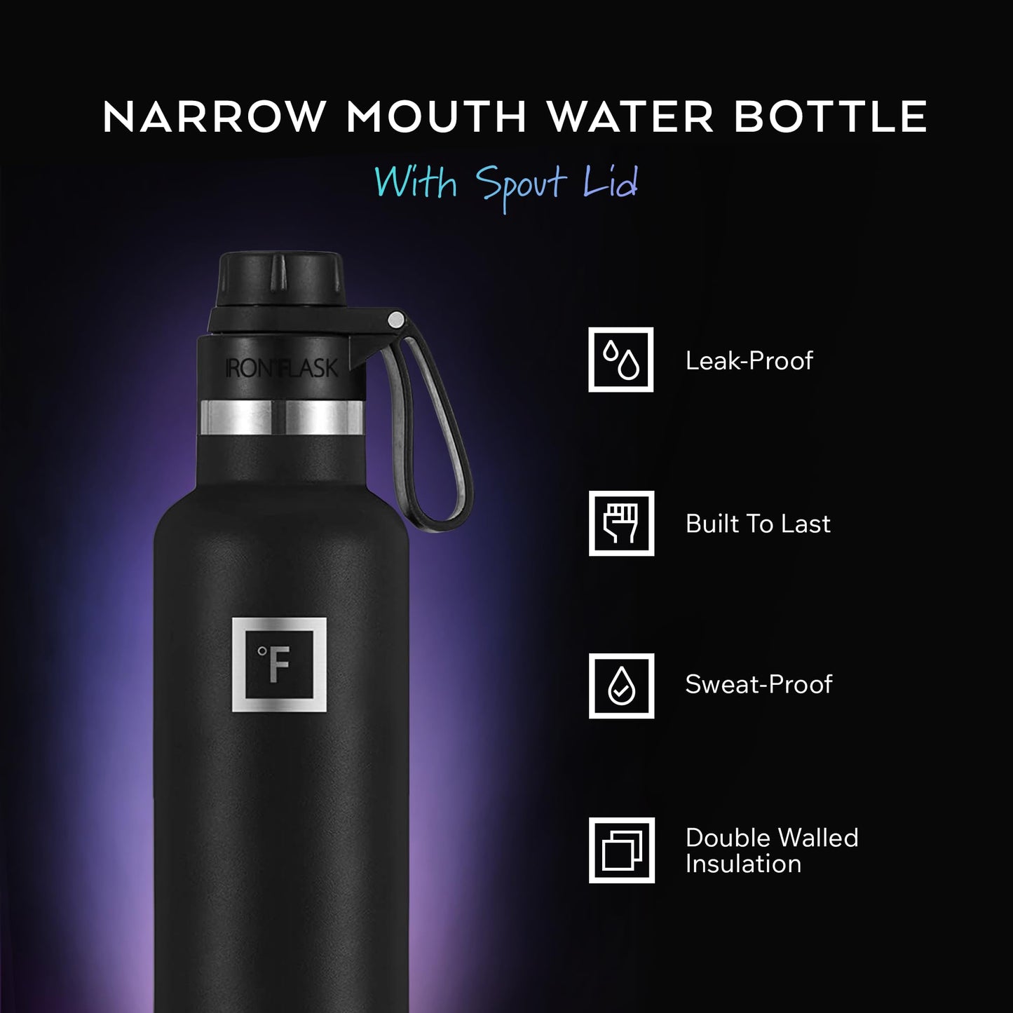 IRON °FLASK Camping & Hiking Hydration Flask with Spout, Narrow Mouth Insulated Stainless Steel Sports Water Bottle - Black Marquina 24 oz - Spout (1 Lid)