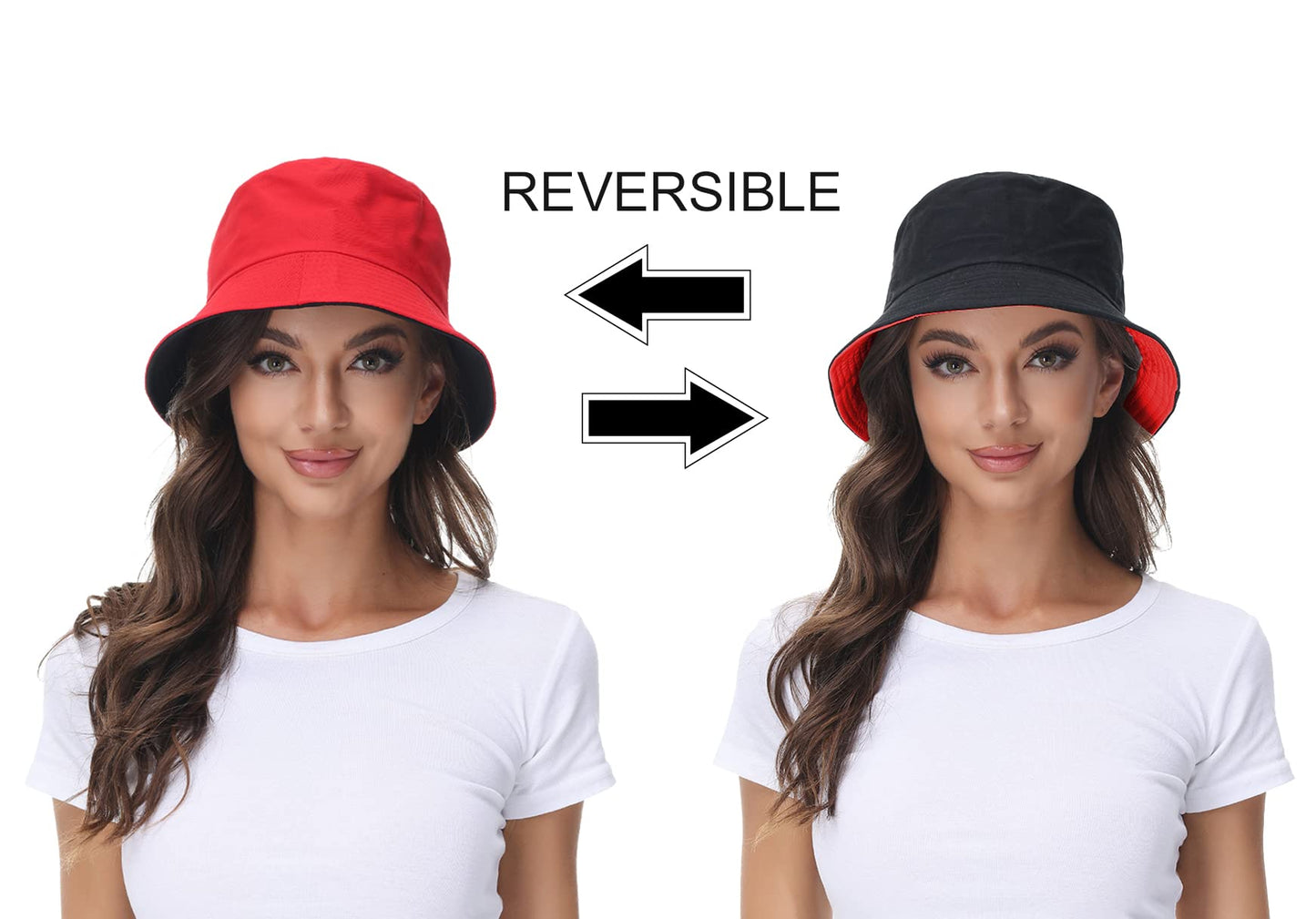 Women Reversible Bucket Hat, Summer Sun Hat for Women, Black- Red