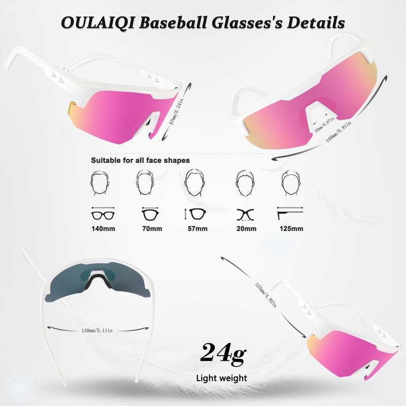 OULAIQI Polarized Sports Baseball Sunglasses, TR90 Lightweight Material, UV400 Unisex Cycling Glasses For Youth and Adults (WhitePink)
