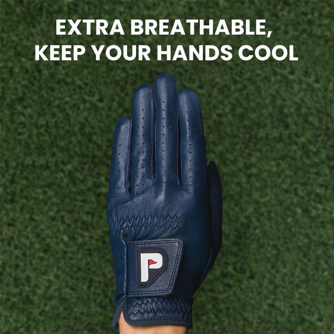Skiennix Men's Golf Glove - Premium Cabretta Leather - Red, Blue & White - Includes Putting Ball Marker - Right & Left Handed (Single Pack)