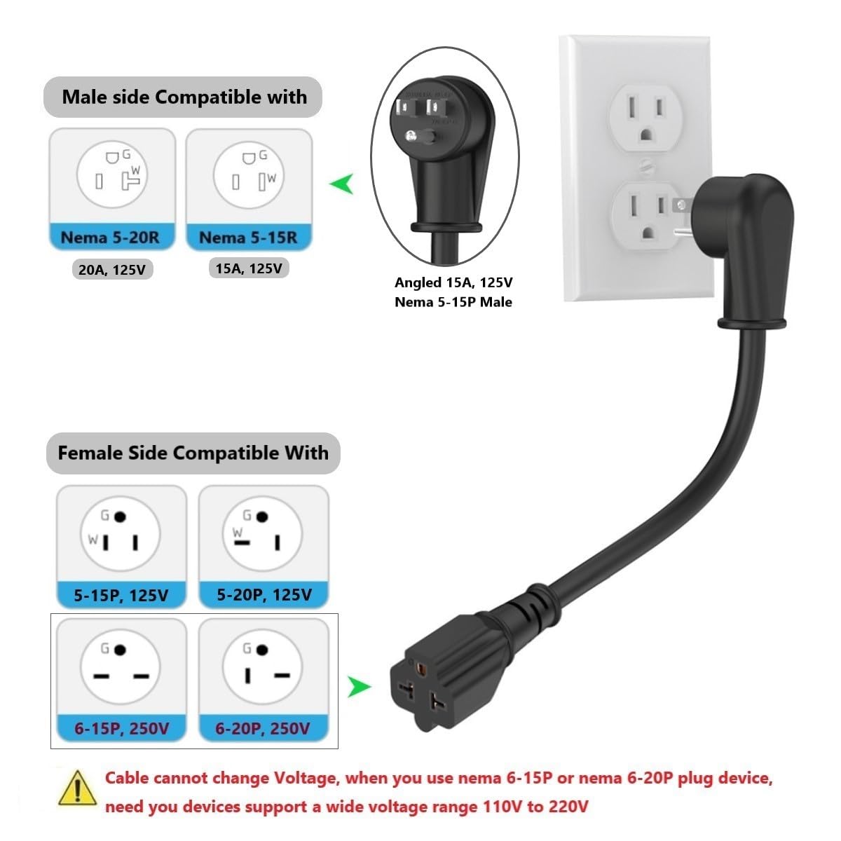 12AWG Right-Angle Plug Adapter 90-Degree 15Amp to 20Amp 1FT, 15 Amp Household Plug to 20 Amp T Blade Adapter Extender, Nema 5-15P to 5-15R/5-20R, 5-15P to 6-15R/6-20R, Angled 15A to 20A Extension cord