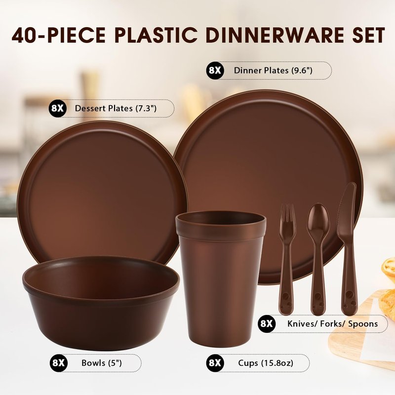 40 Piece Plastic Dinnerware Set for 8 with Cutlery, Unbreakable Plates and Bowls Set, Dishwasher & Microwave Safe Reusable Dish Set for Camping, RV, Outdoor Kitchen, Apartment Dining, Brown
