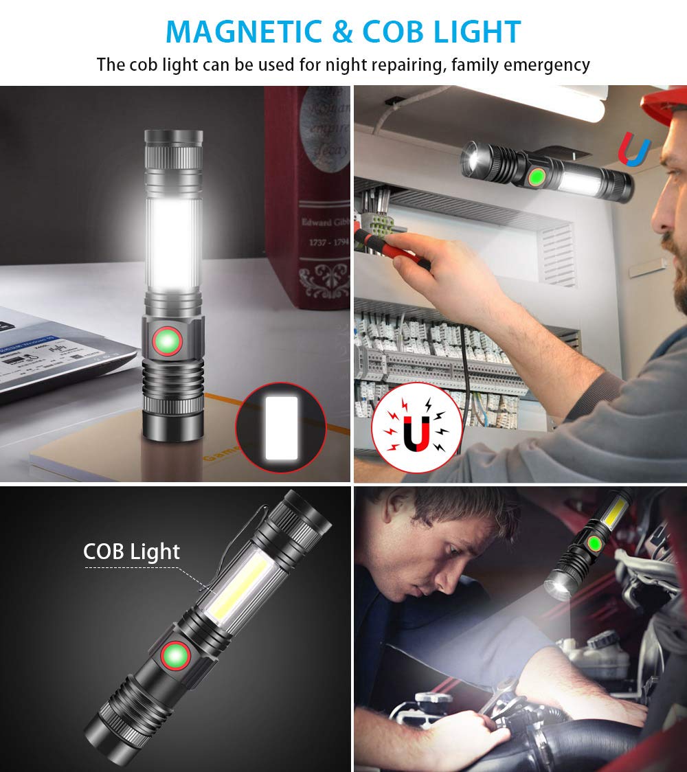 iToncs LED Rechargeable, Super Bright Magnetic Flashlight with COB Work Light, Waterproof, 4 Modes, Pocket Tactical Flashlights for Outdoor Camping Emergency 2 Packs