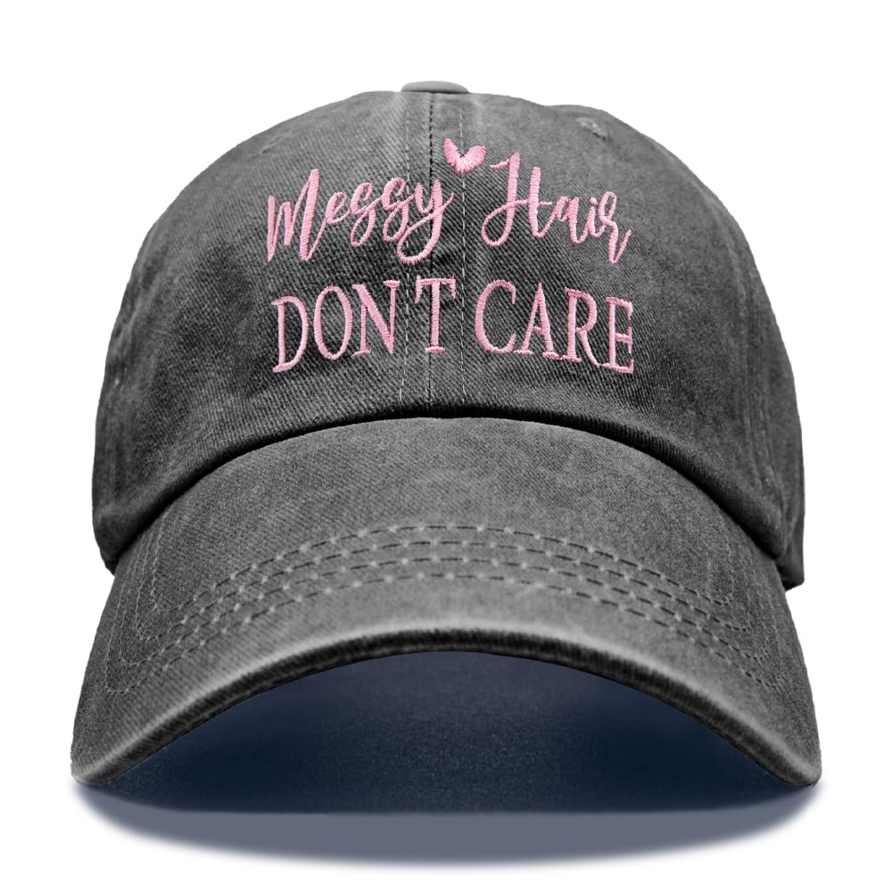 GEYGIE Messy Hair Don't Care Embroidery Adjustable Classic Washed Distressed Baseball Cap, Funny Sun Shade Sports Cap for Women, Travel Weekend Vacation Hat Gifts for Mom Aunt Grandma Sister Bestie