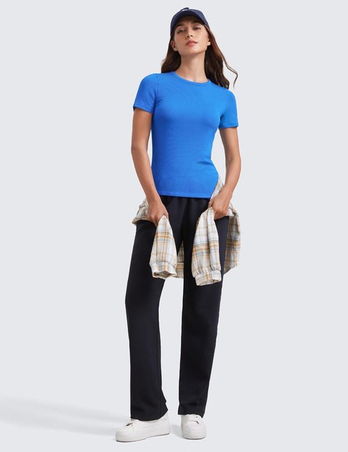 CRZ YOGA Womens Ribbed Modal Casual Short Sleeve Crew Neck Basic Shirts Going Out Soft Fitted Stretchy Athletic Workout Tops